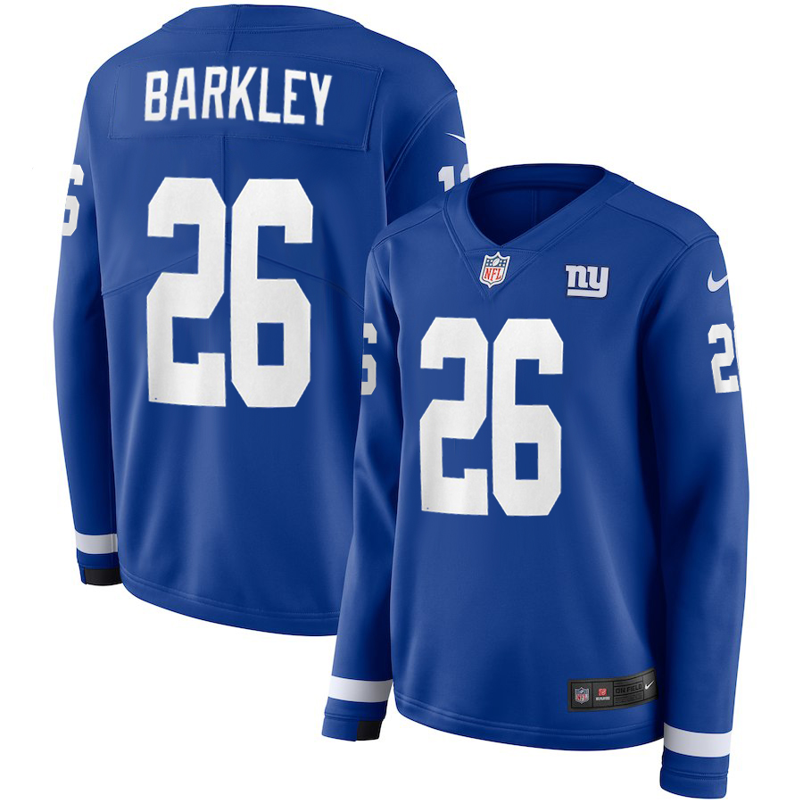 Women New York Giants 26 Barkley blue Limited NFL Nike Therma Long Sleeve Jersey